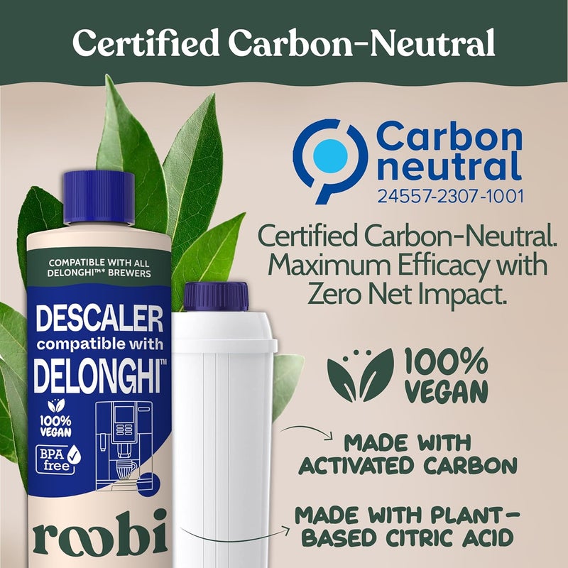Roobi DeLonghi Compatible Cleaning Descaling Kit. Includes 1 Bottle of Descaling Solution and 4 DeLonghi Filters. Carbon Neutral DeLonghi Cleaner Descaler Kit. 1 Year Supply. - Image 3